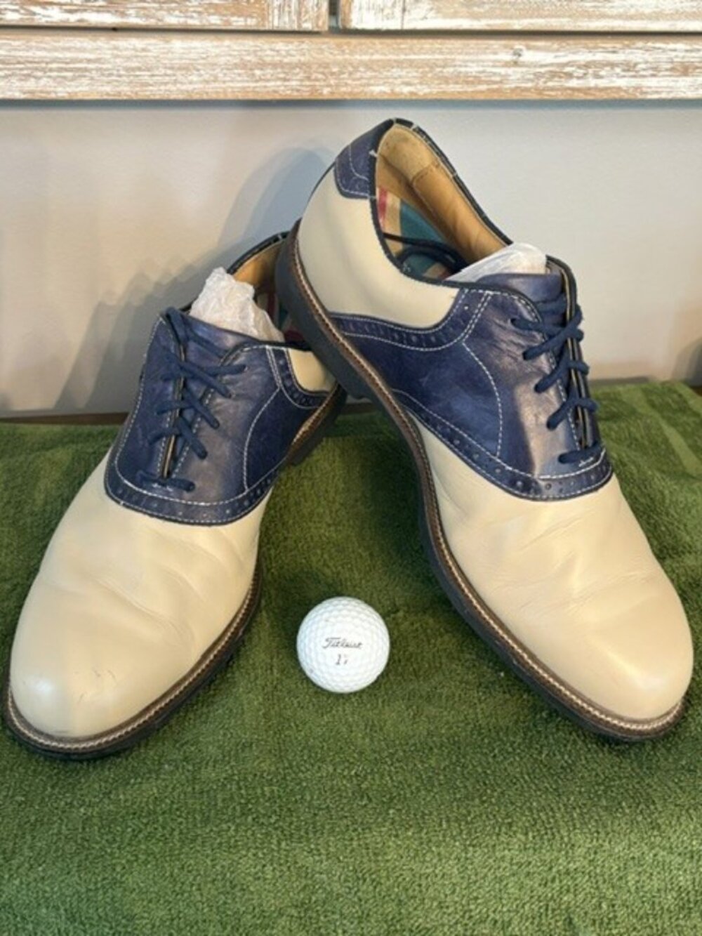FootJoy DryJoy Men’s Premier Series Wilcox Golf Shoes Beige Navy 9.5